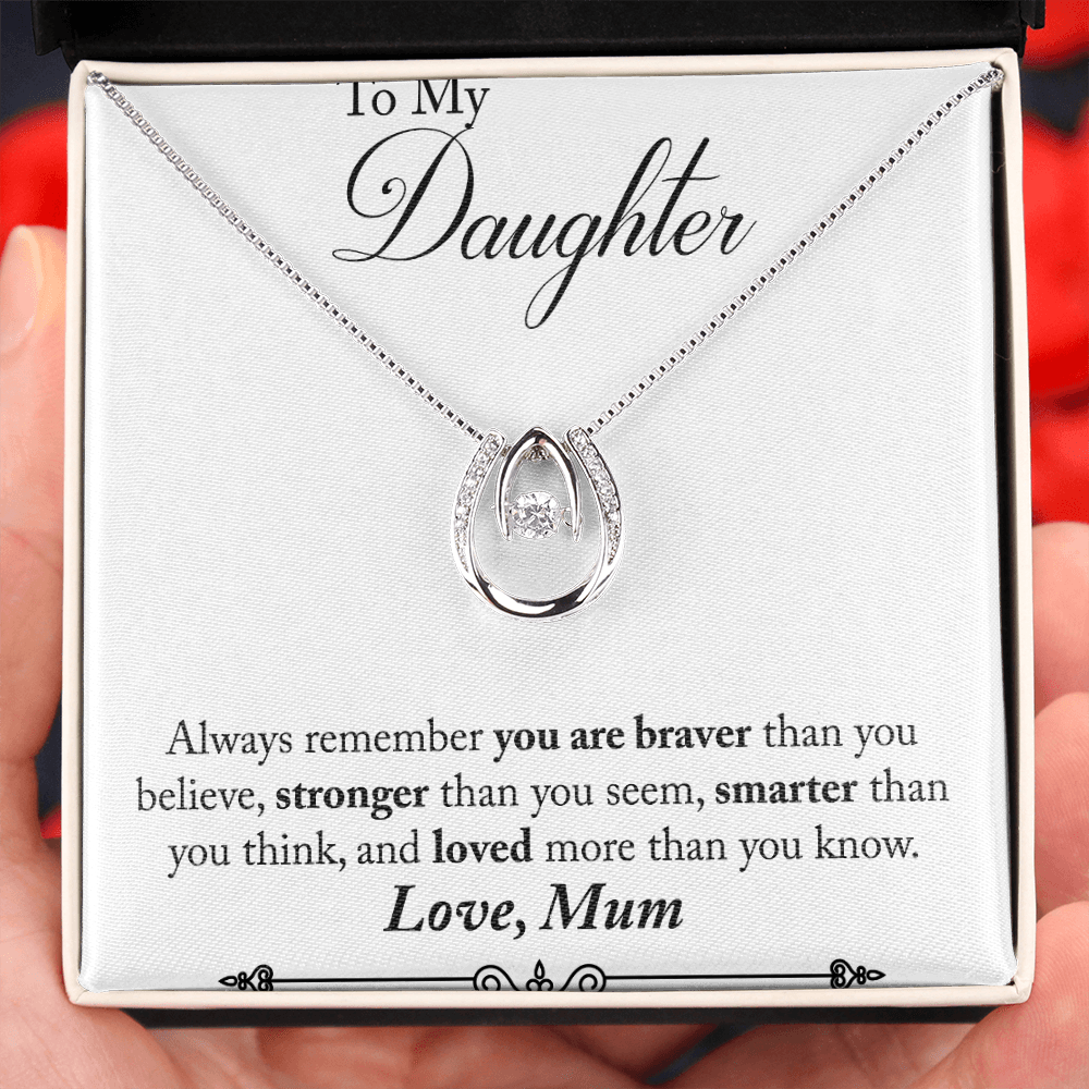 Mum to Daughter Braver Lucky Horseshoe Necklace Message Card 14k w CZ Crystals-Express Your Love Gifts