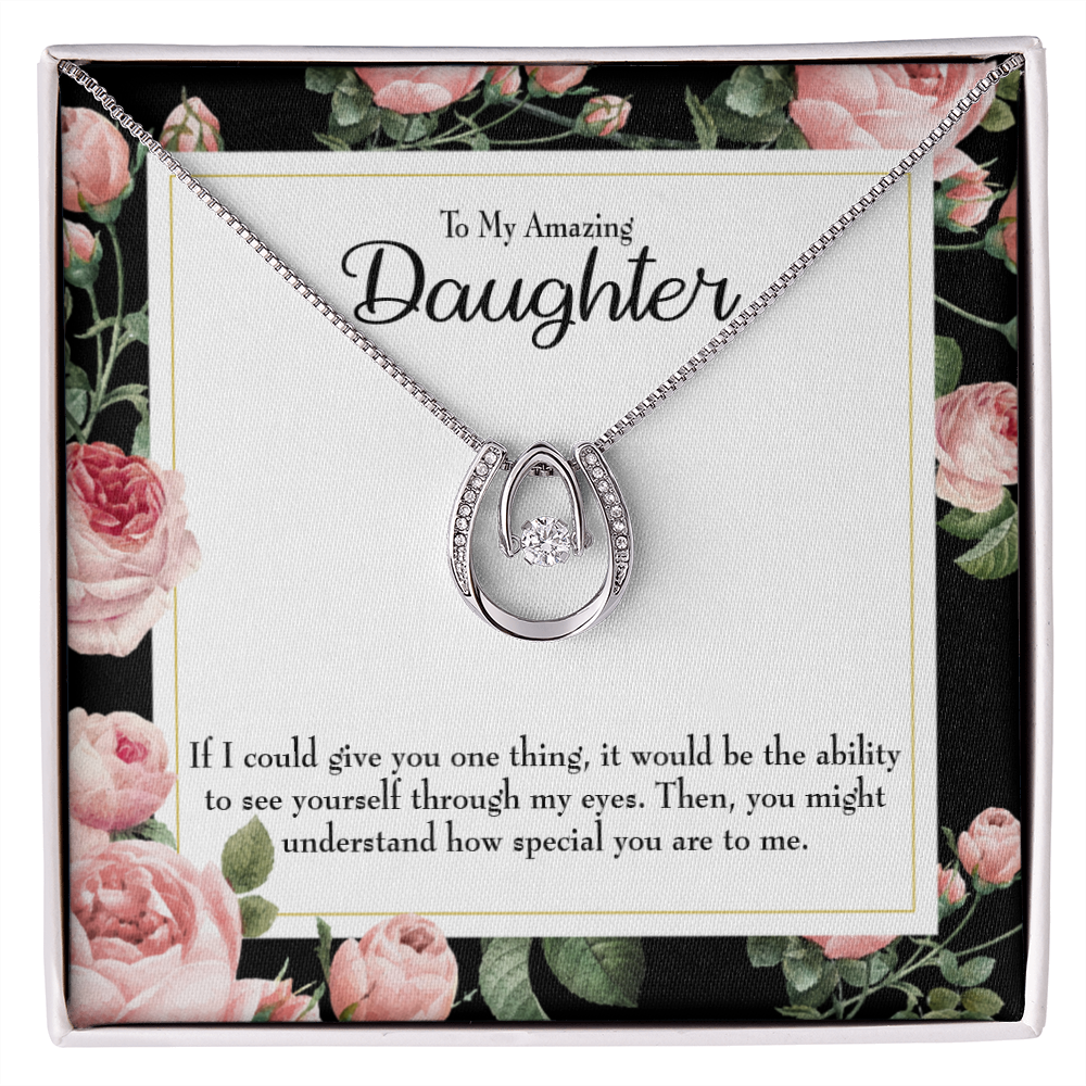 My Amazing Daughter Lucky Horseshoe Necklace Message Card 14k w CZ Crystals-Express Your Love Gifts