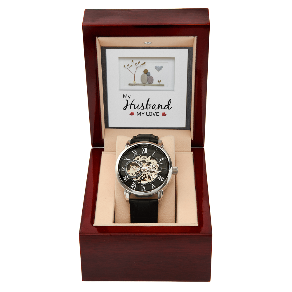My Husband my Love Men's Openwork Watch With Mahogany Box-Express Your Love Gifts