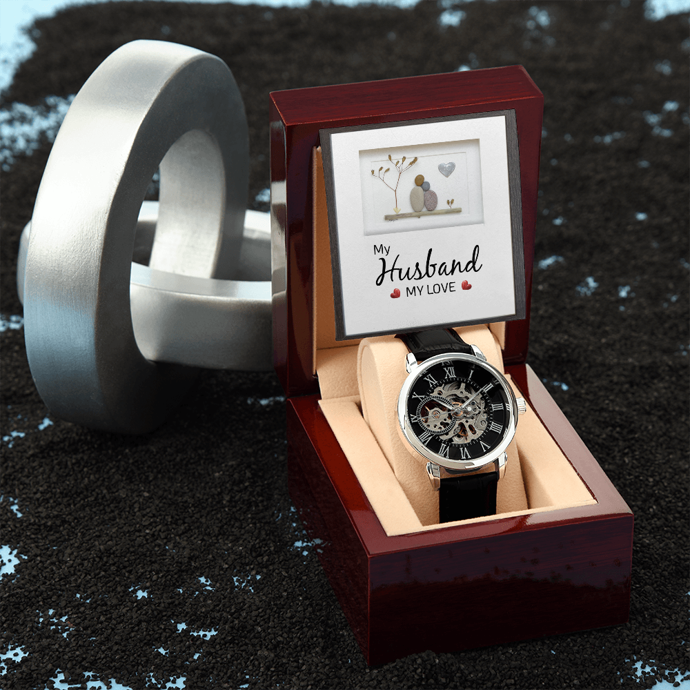 My Husband my Love Men's Openwork Watch With Mahogany Box-Express Your Love Gifts