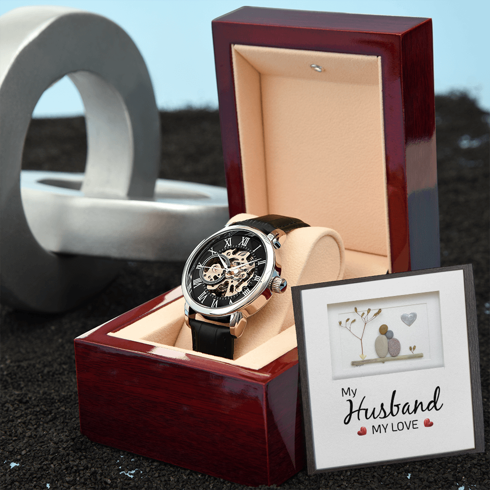 My Husband my Love Men's Openwork Watch With Mahogany Box-Express Your Love Gifts