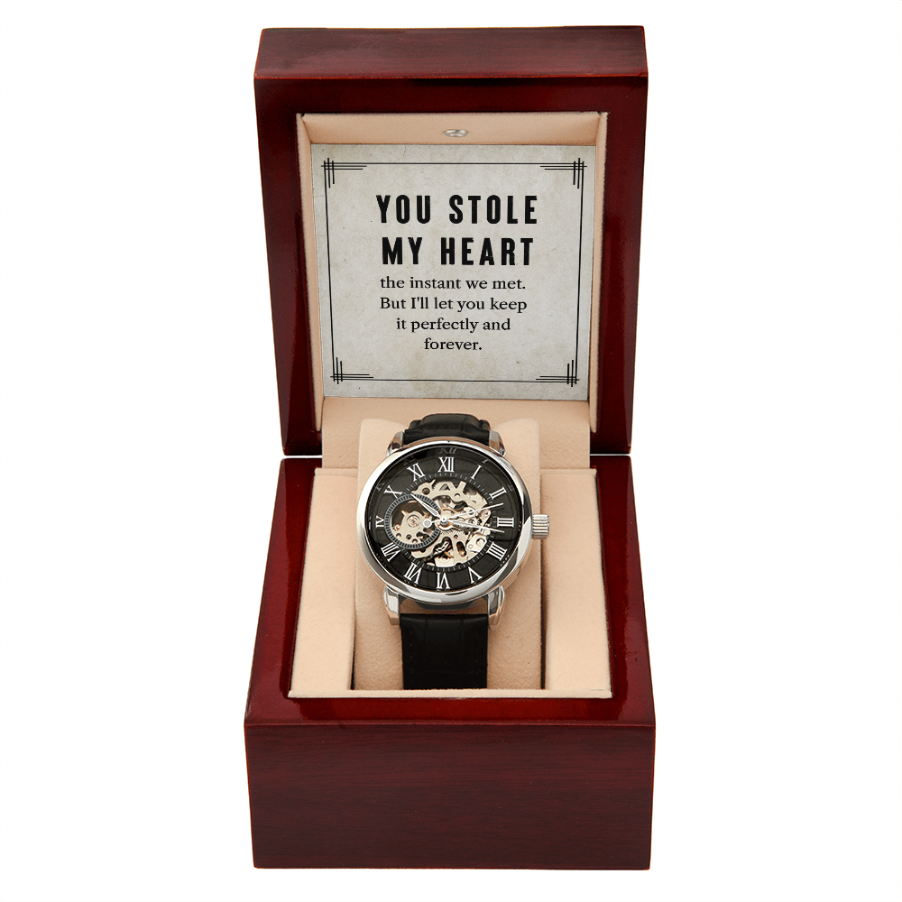 My Man You Stole My Heart Men's Openwork Watch With Message Card in Mahogany Box-Express Your Love Gifts