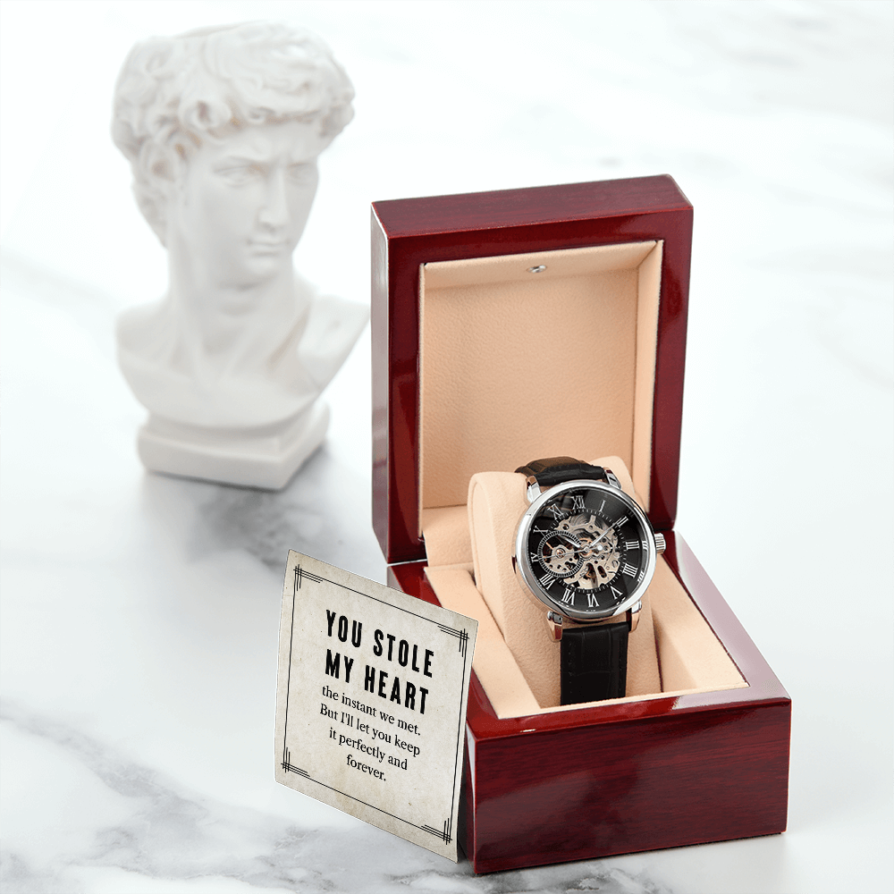 My Man You Stole My Heart Men's Openwork Watch With Message Card in Mahogany Box-Express Your Love Gifts