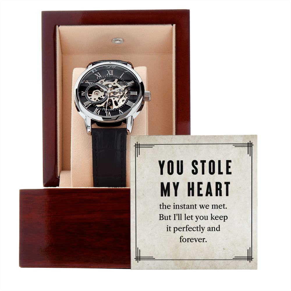 My Man You Stole My Heart Men's Openwork Watch With Message Card in Mahogany Box-Express Your Love Gifts