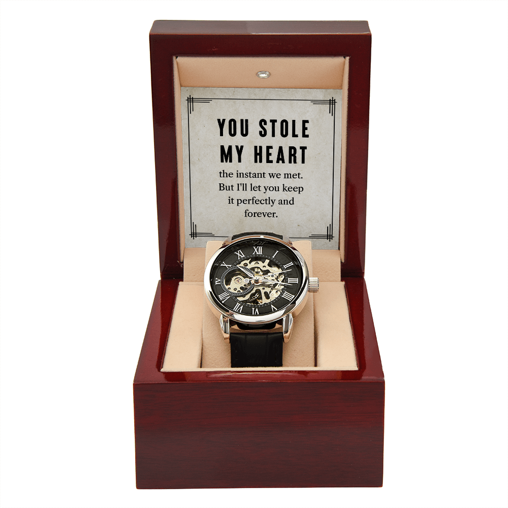 My Man You Stole My Heart Men's Openwork Watch With Message Card in Mahogany Box-Express Your Love Gifts
