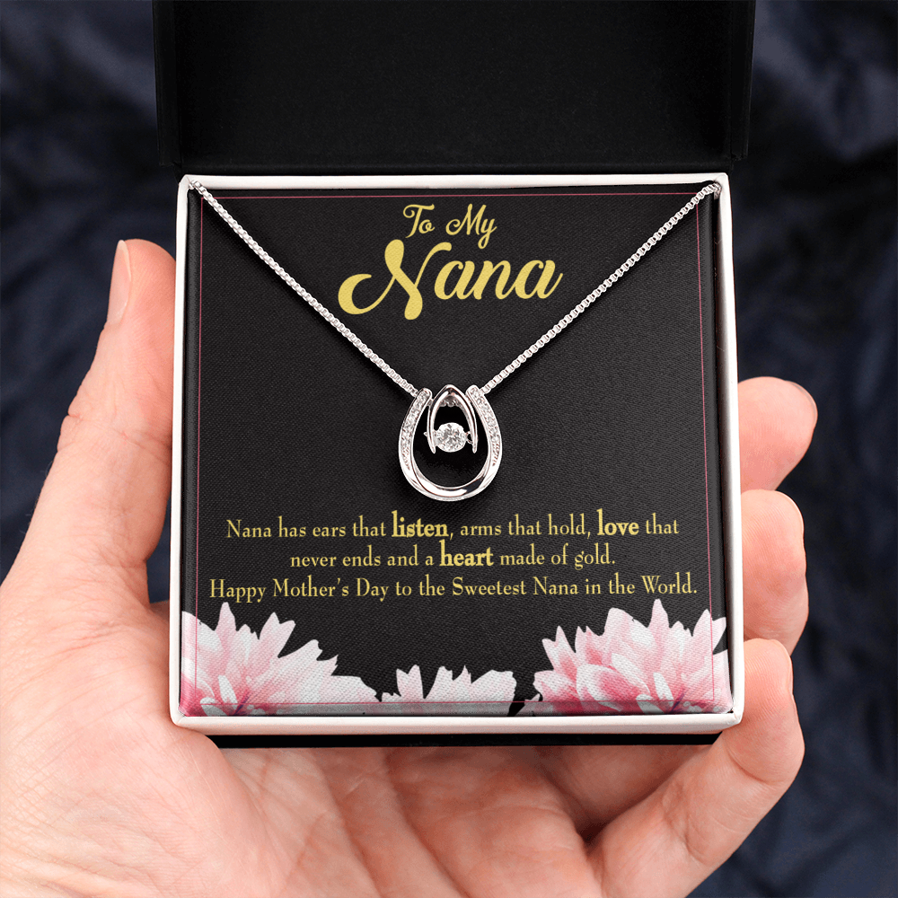 Nana Gfit Lucky Horseshoe Necklace Message Card 14k w CZ Crystals-Express Your Love Gifts