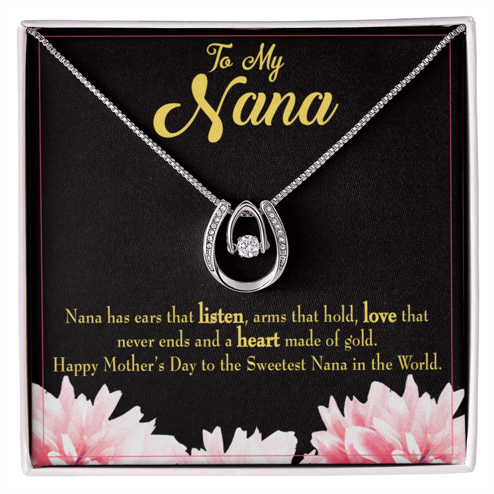 Nana Gfit Lucky Horseshoe Necklace Message Card 14k w CZ Crystals-Express Your Love Gifts