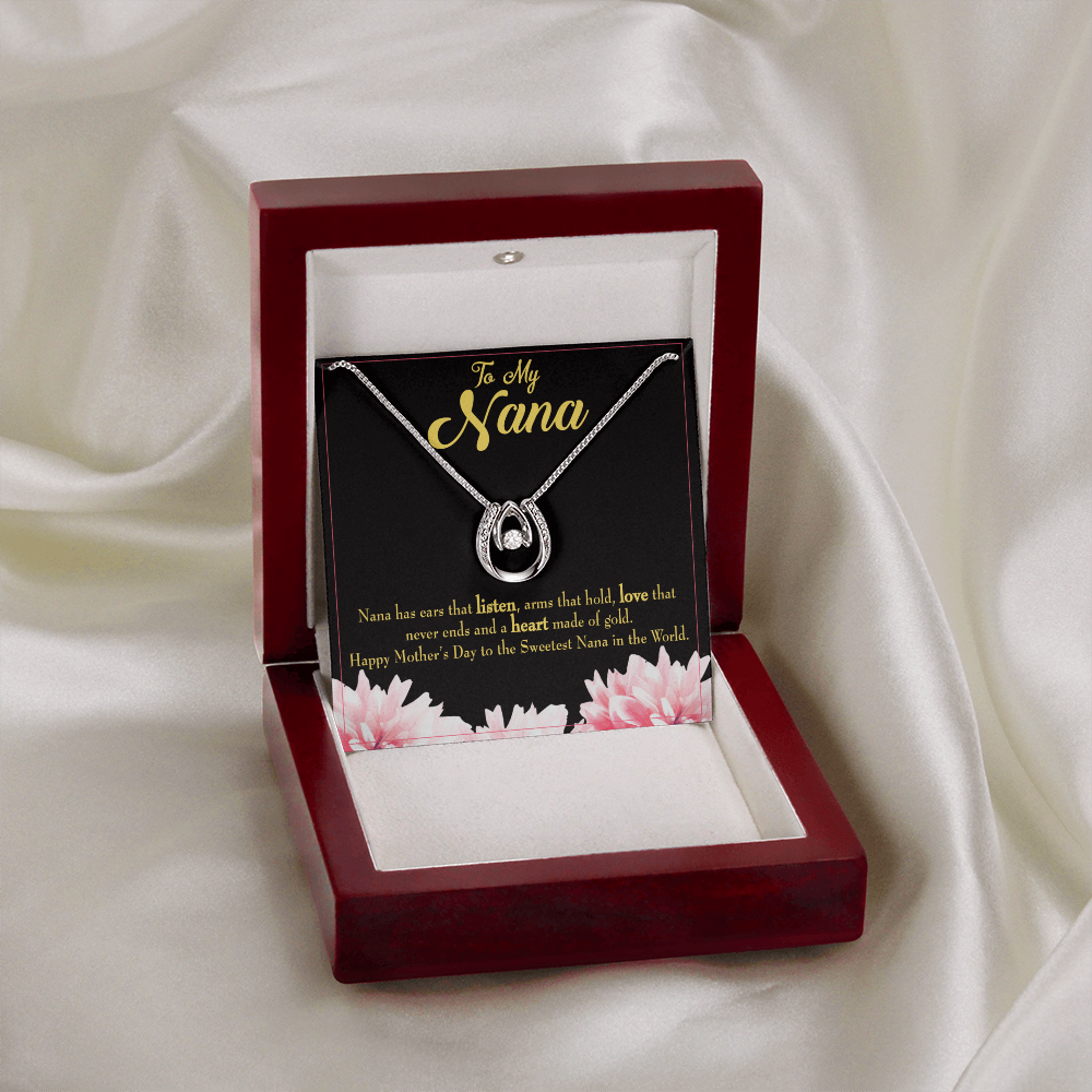 Nana Gfit Lucky Horseshoe Necklace Message Card 14k w CZ Crystals-Express Your Love Gifts