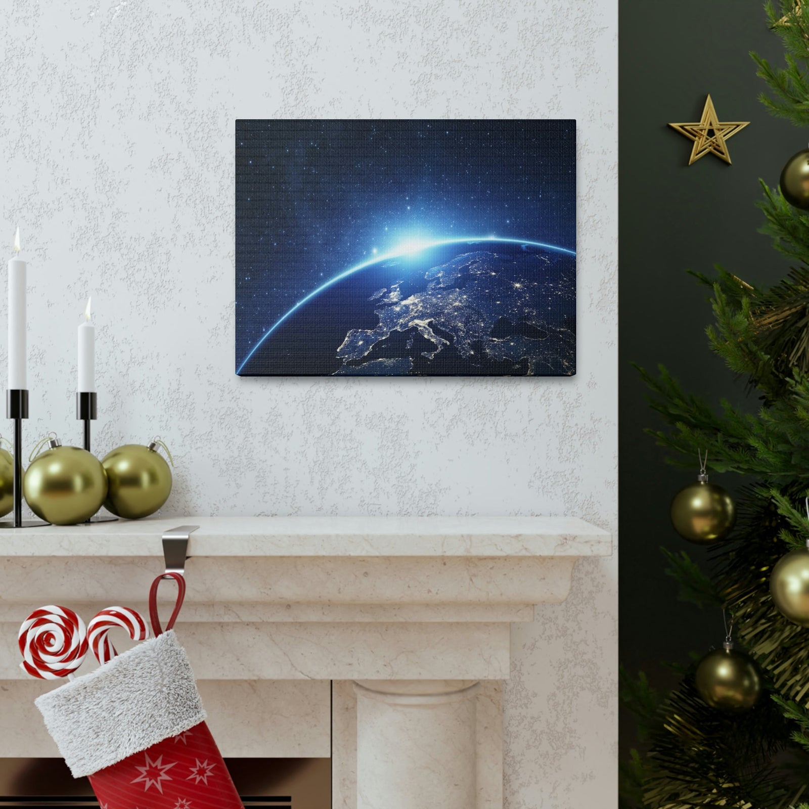 Night View of Earth in Space Scene Beautiful Marvelous and Incredible View Beauty Nature Scene Night Light of Earth Wall Art Ready to Hang Unframed-Express Your Love Gifts