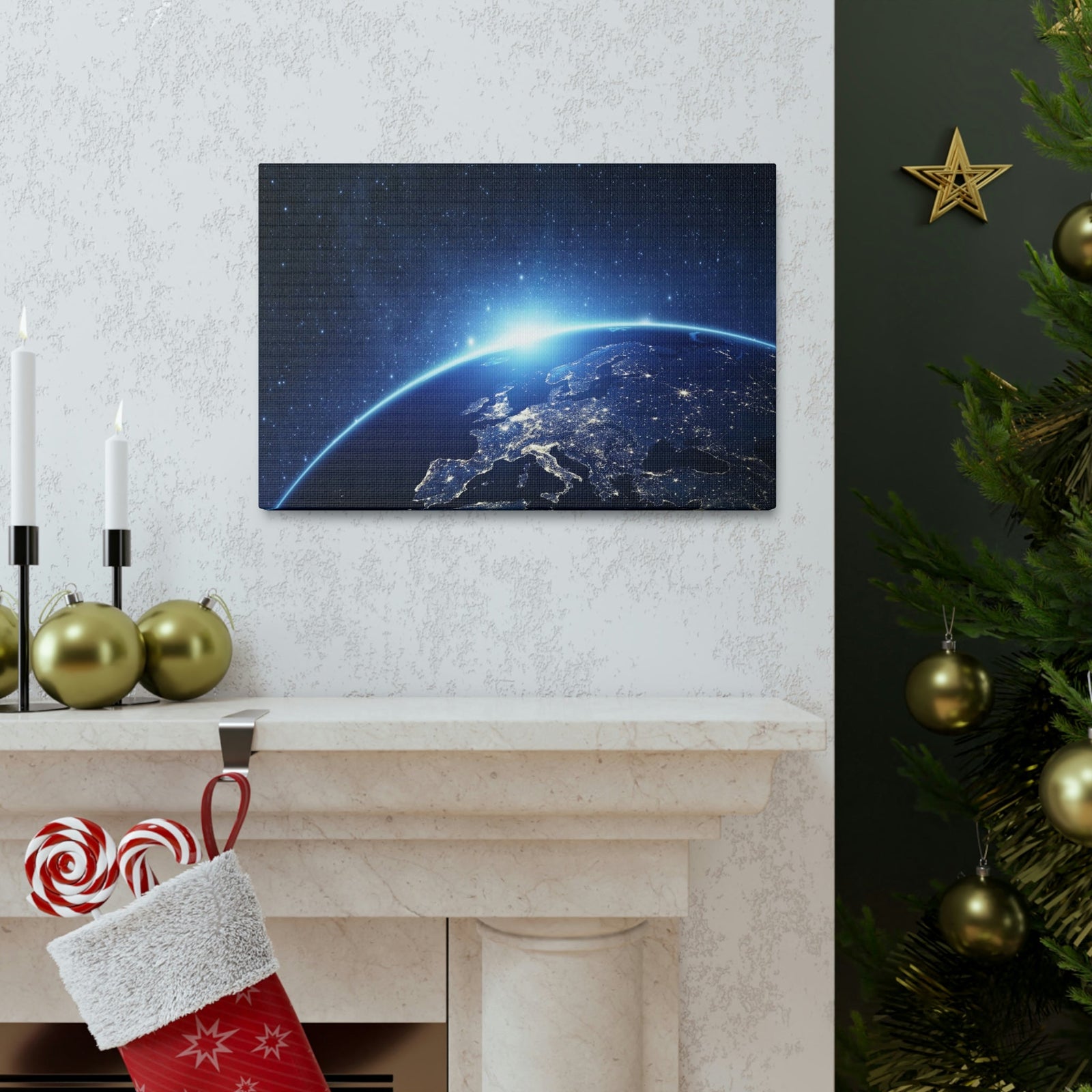 Night View of Earth in Space Scene Beautiful Marvelous and Incredible View Beauty Nature Scene Night Light of Earth Wall Art Ready to Hang Unframed-Express Your Love Gifts