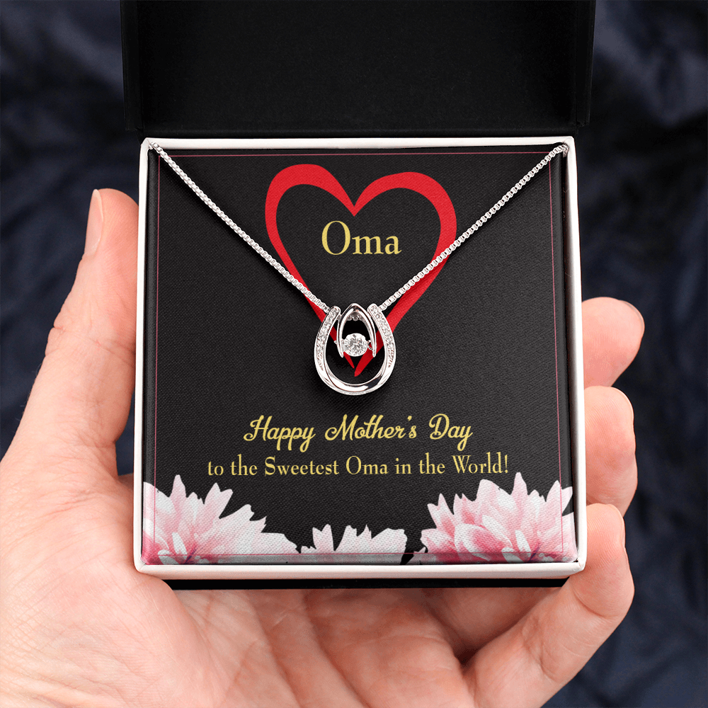 Oma Lucky Horseshoe Necklace Message Card 14k w CZ Crystals-Express Your Love Gifts
