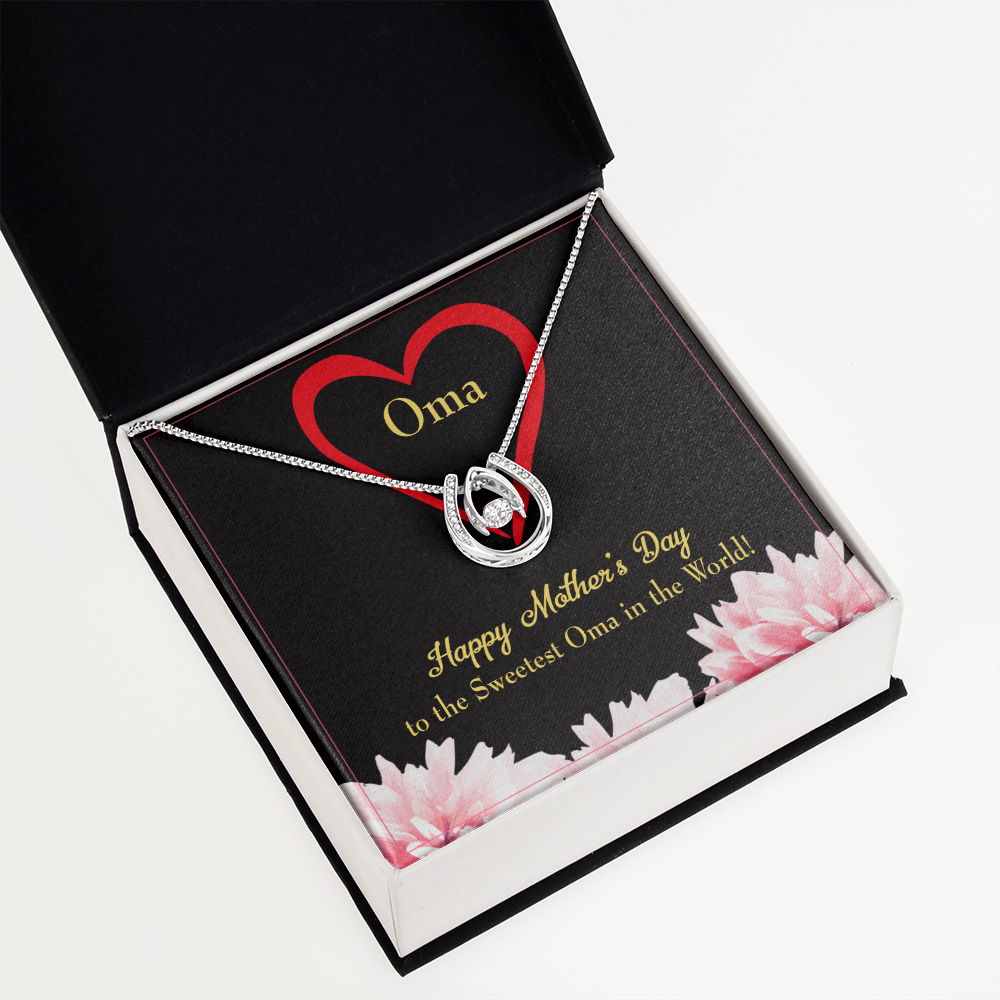Oma Lucky Horseshoe Necklace Message Card 14k w CZ Crystals-Express Your Love Gifts
