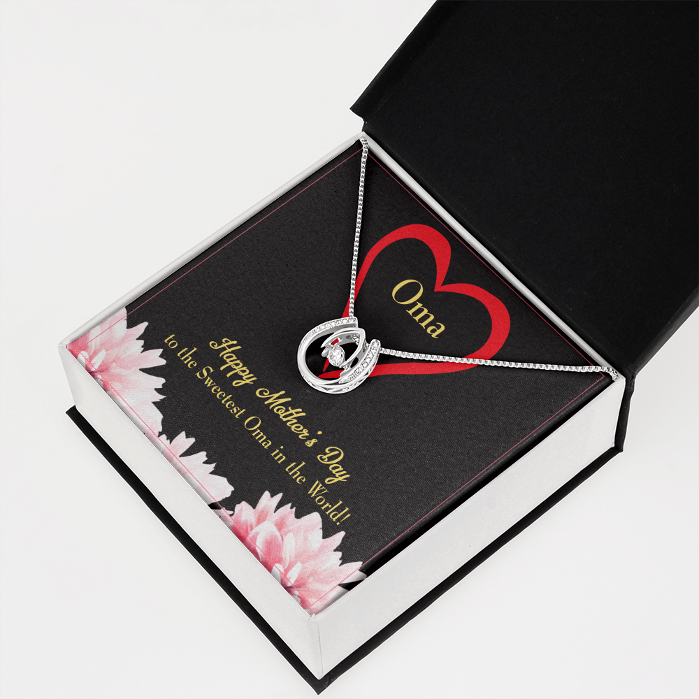 Oma Lucky Horseshoe Necklace Message Card 14k w CZ Crystals-Express Your Love Gifts