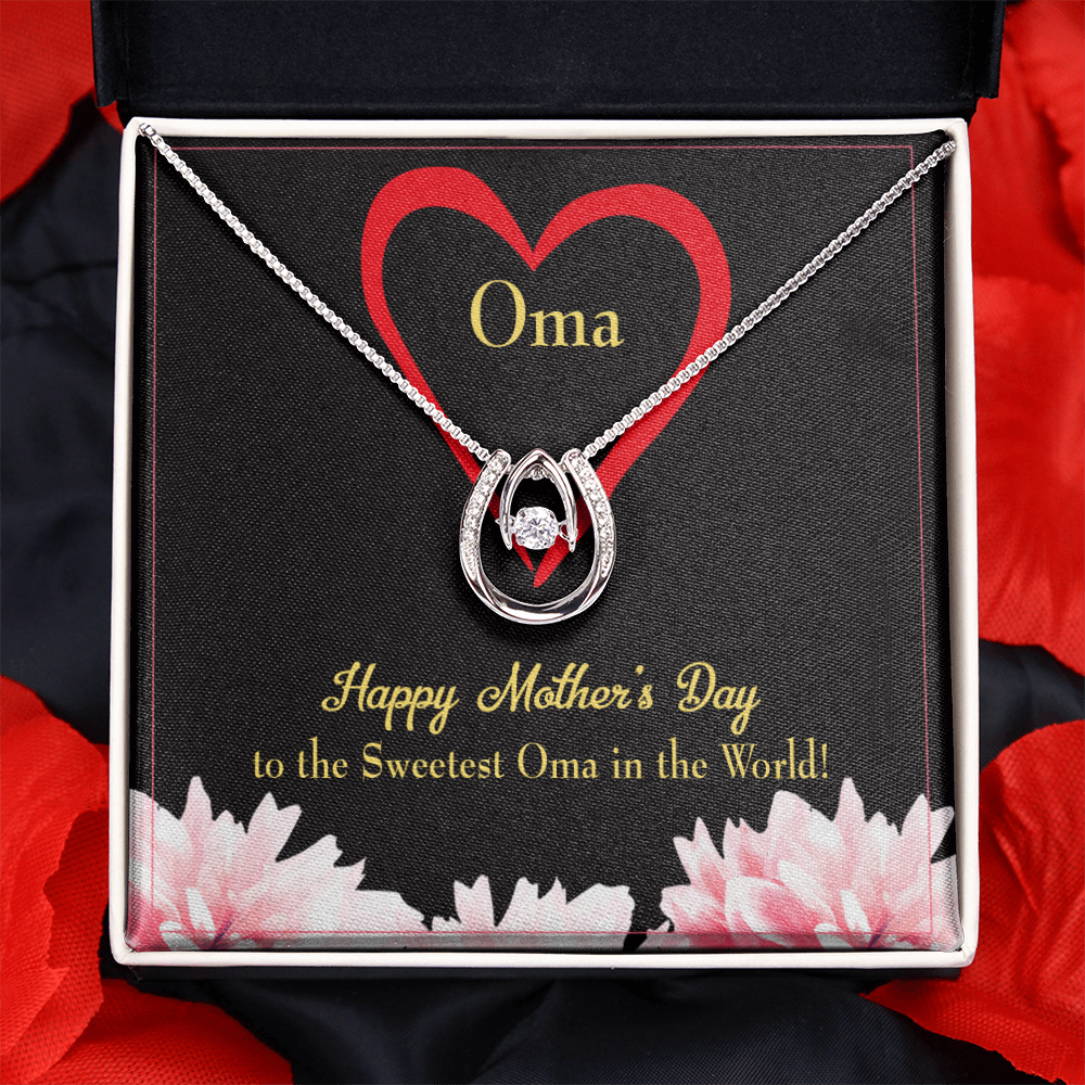Oma Lucky Horseshoe Necklace Message Card 14k w CZ Crystals-Express Your Love Gifts