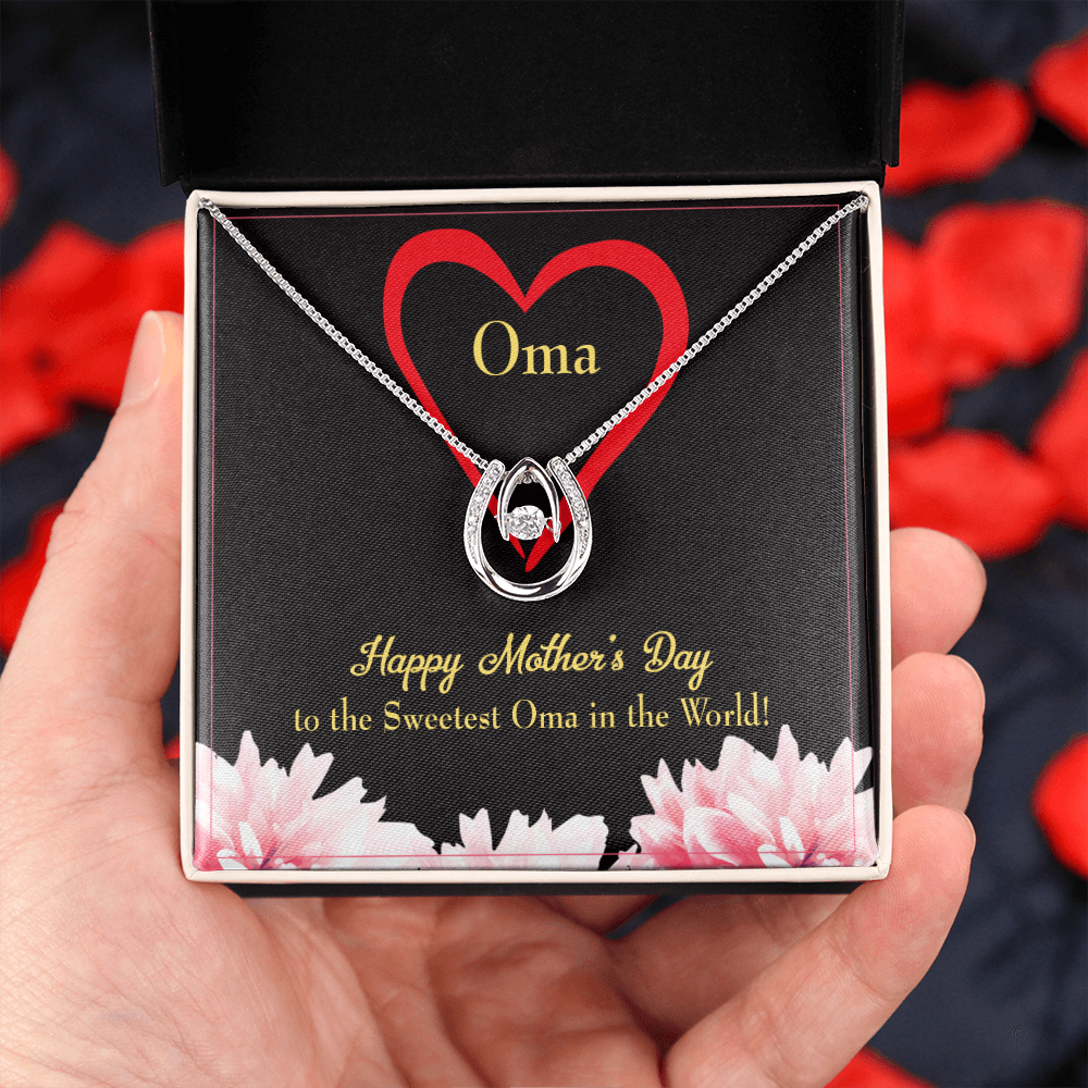 Oma Lucky Horseshoe Necklace Message Card 14k w CZ Crystals-Express Your Love Gifts
