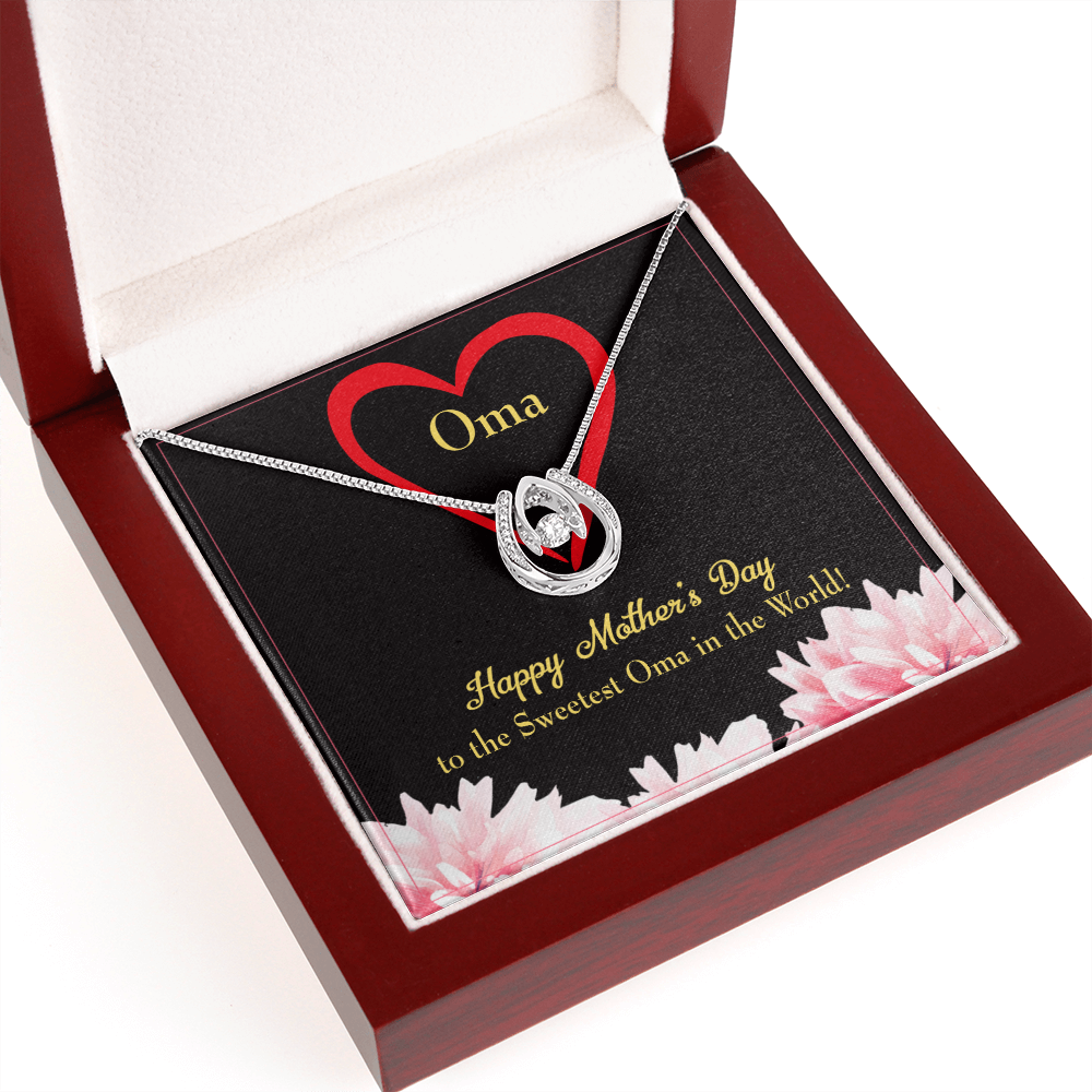 Oma Lucky Horseshoe Necklace Message Card 14k w CZ Crystals-Express Your Love Gifts