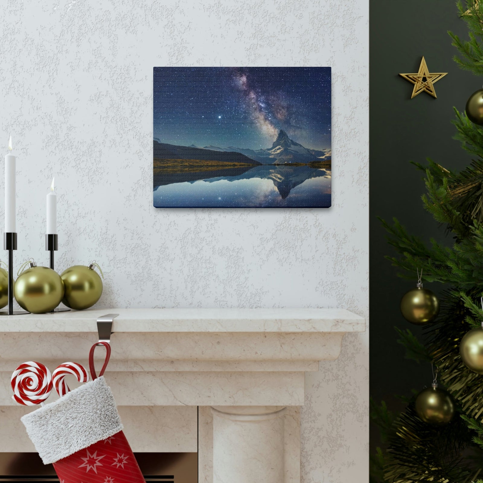Reflection of Milky Way and Mountain on the Lake Scene Beautiful Amazing and Remarkable Night Beauty Nature Scene Starry Sky Over the Lake Wall Art Ready to Hang Unframed-Express Your Love Gifts