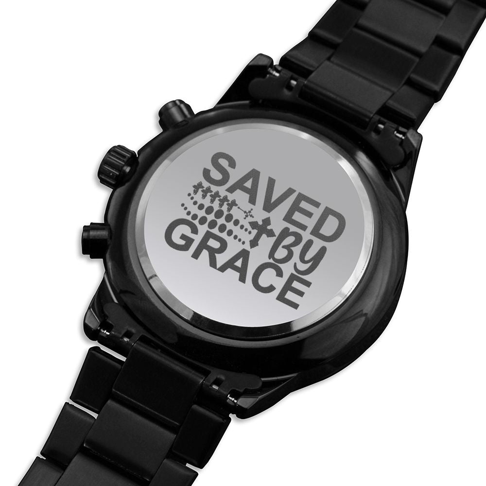 Saved By Grace Engraved Bible Verse Men's Watch Multifunction Stainless Steel W Copper Dial-Express Your Love Gifts