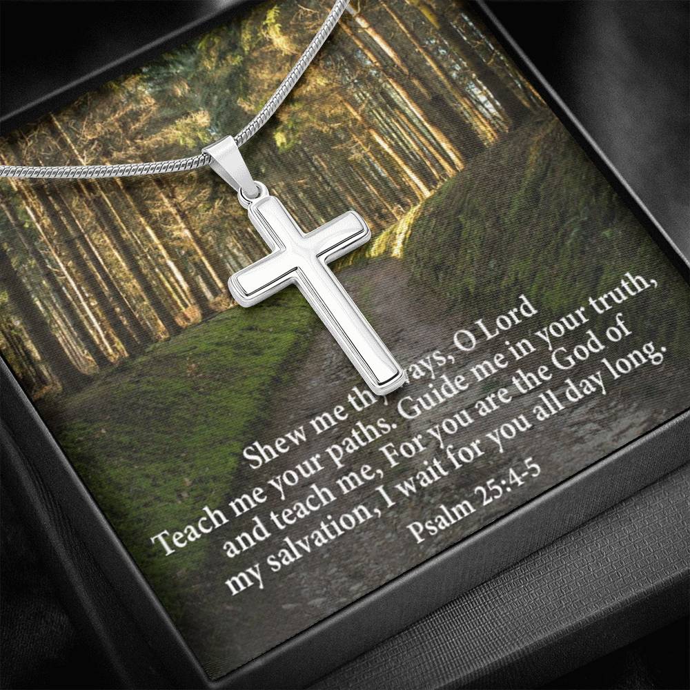 Scripture Card Baptism Psalm 25:4-5 Cross Necklace Faith Stainless Steel Pendant Religious Gift-Express Your Love Gifts