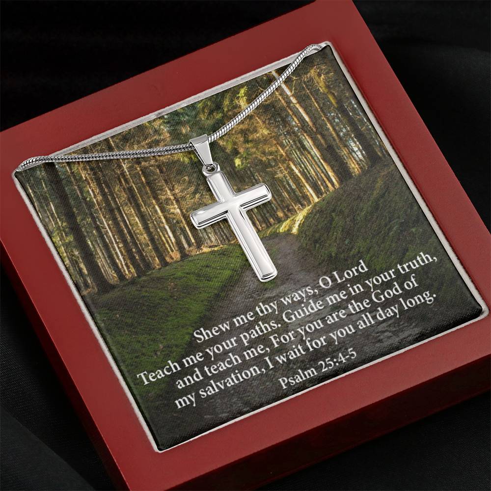 Scripture Card Baptism Psalm 25:4-5 Cross Necklace Faith Stainless Steel Pendant Religious Gift-Express Your Love Gifts
