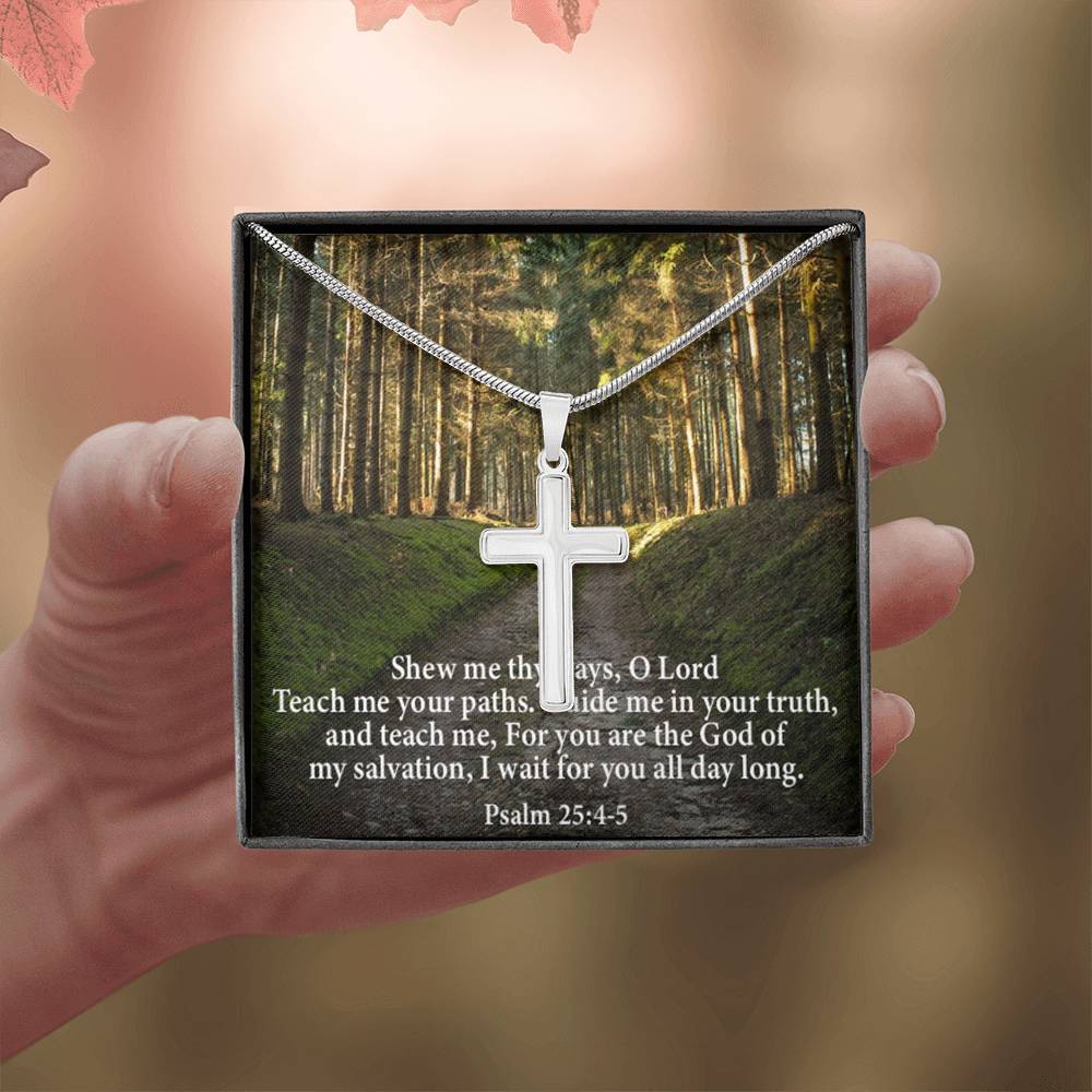 Scripture Card Baptism Psalm 25:4-5 Cross Necklace Faith Stainless Steel Pendant Religious Gift-Express Your Love Gifts