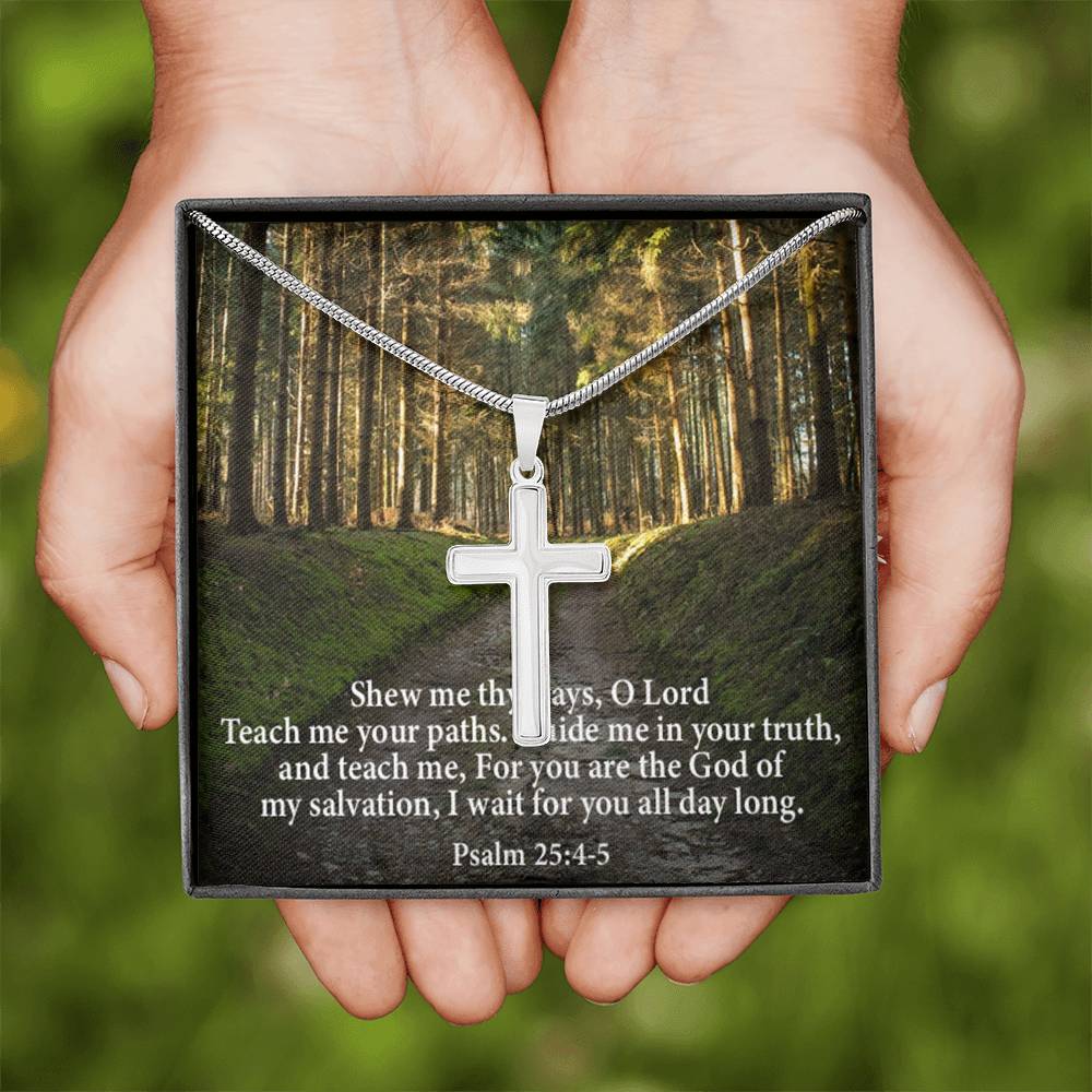 Scripture Card Baptism Psalm 25:4-5 Cross Necklace Faith Stainless Steel Pendant Religious Gift-Express Your Love Gifts