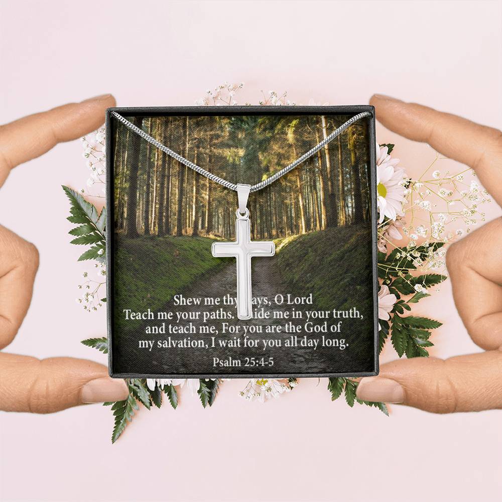 Scripture Card Baptism Psalm 25:4-5 Cross Necklace Faith Stainless Steel Pendant Religious Gift-Express Your Love Gifts