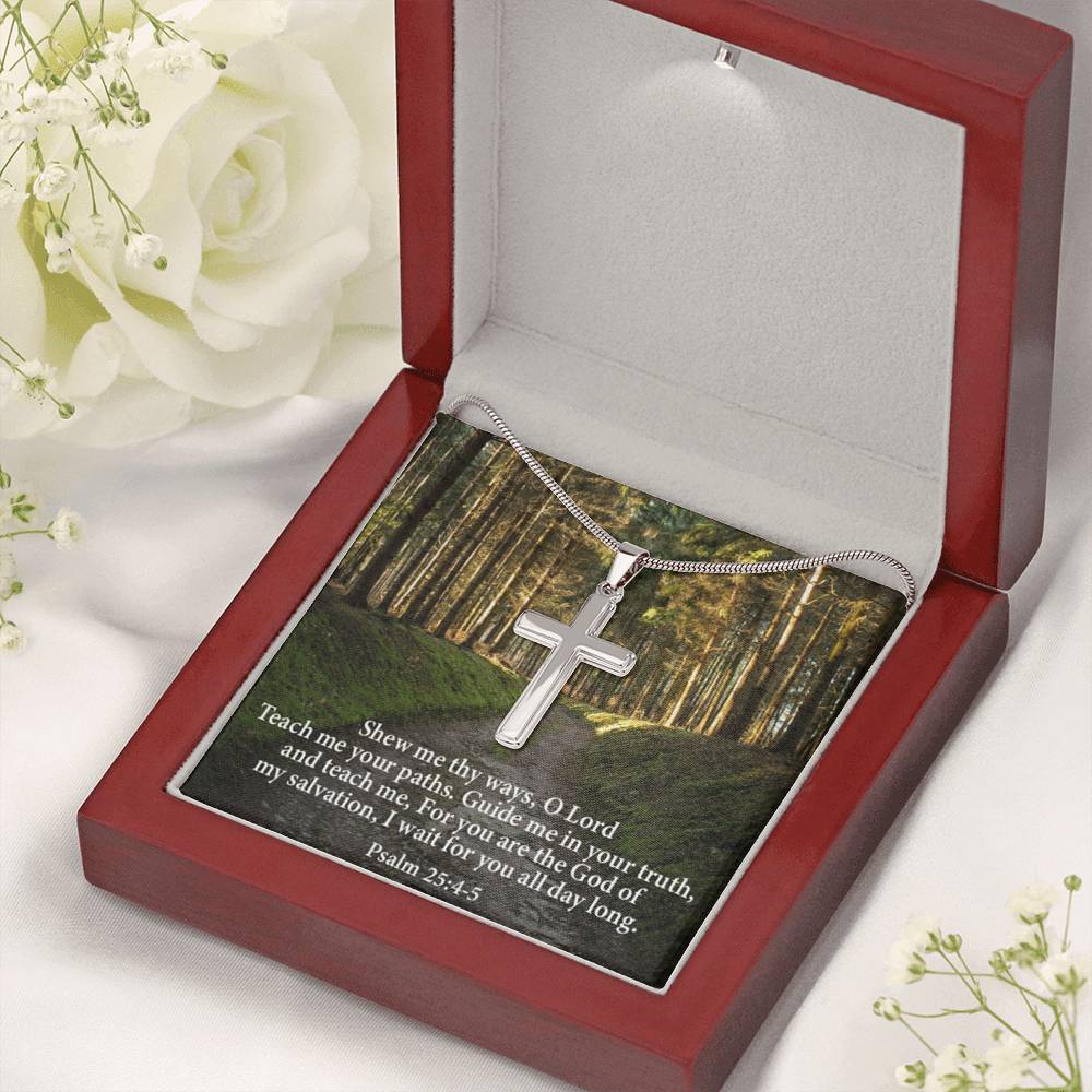 Scripture Card Baptism Psalm 25:4-5 Cross Necklace Faith Stainless Steel Pendant Religious Gift-Express Your Love Gifts
