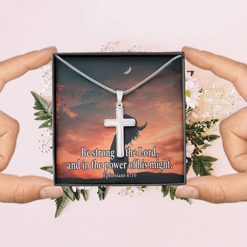Scripture Card Be Strong In The Lord Ephesians 6:10 Cross Card Necklace w Stainless Steel Pendant-Express Your Love Gifts