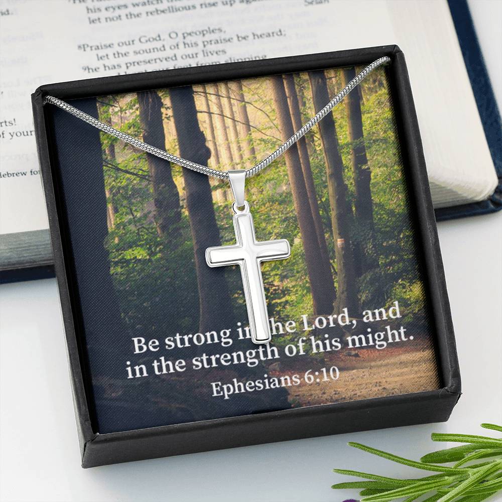 Scripture Card Be Strong In The Lord Ephesians 6:10 Cross Card Necklace w Stainless Steel Pendant Religious Gift-Express Your Love Gifts