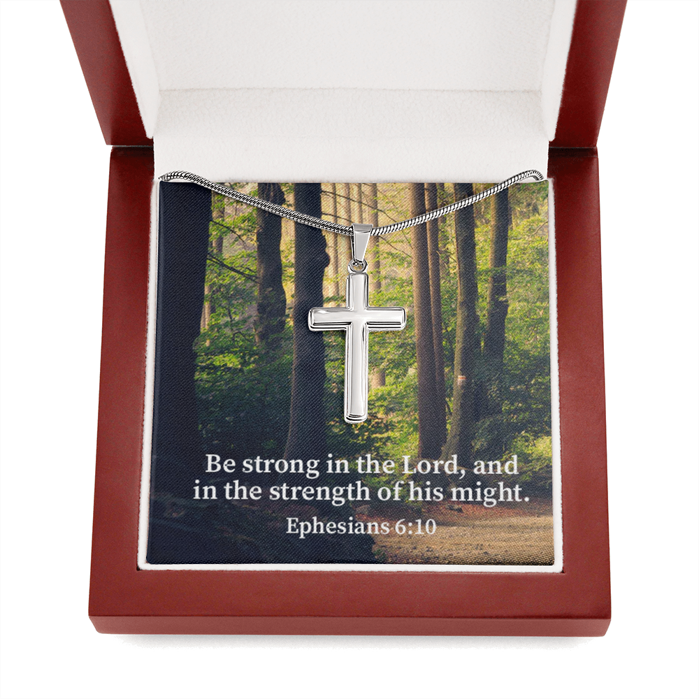 Scripture Card Be Strong In The Lord Ephesians 6:10 Cross Card Necklace w Stainless Steel Pendant Religious Gift-Express Your Love Gifts