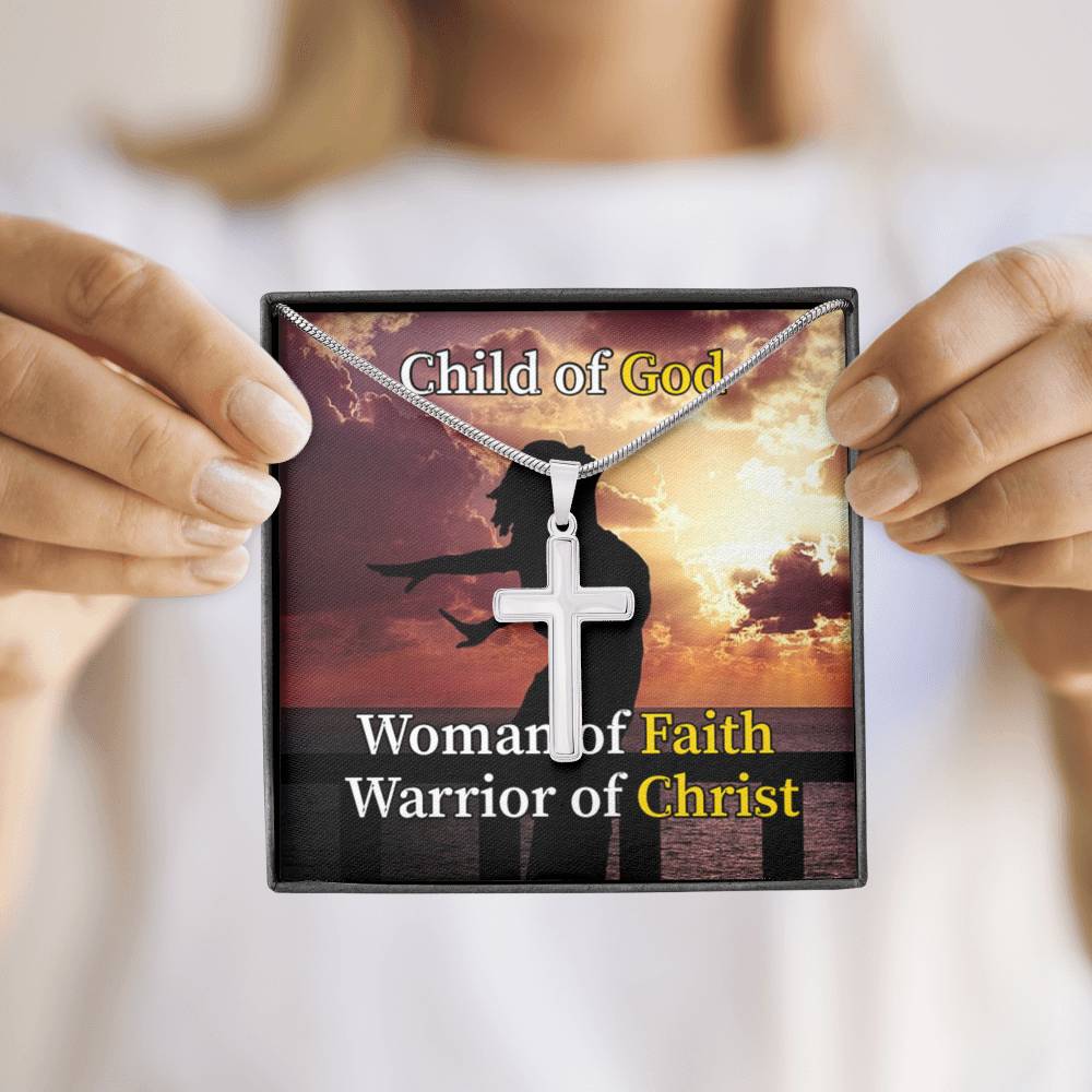 Scripture Card Child Of God Woman Of Faith Warrior Of Christ Faith Cross Card Necklace w Stainless Steel Pendant-Express Your Love Gifts