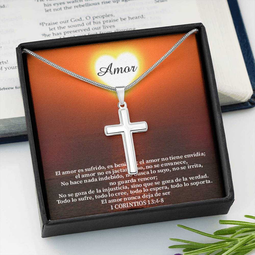 Scripture Card Christian Encouragement Spanish Message 1 Corintos 13:4-8 Cross Card Necklace w Stainless Steel Pendant Religious Gift-Express Your Love Gifts