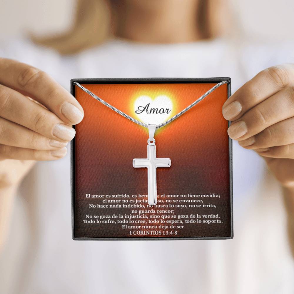 Scripture Card Christian Encouragement Spanish Message 1 Corintos 13:4-8 Cross Card Necklace w Stainless Steel Pendant Religious Gift-Express Your Love Gifts