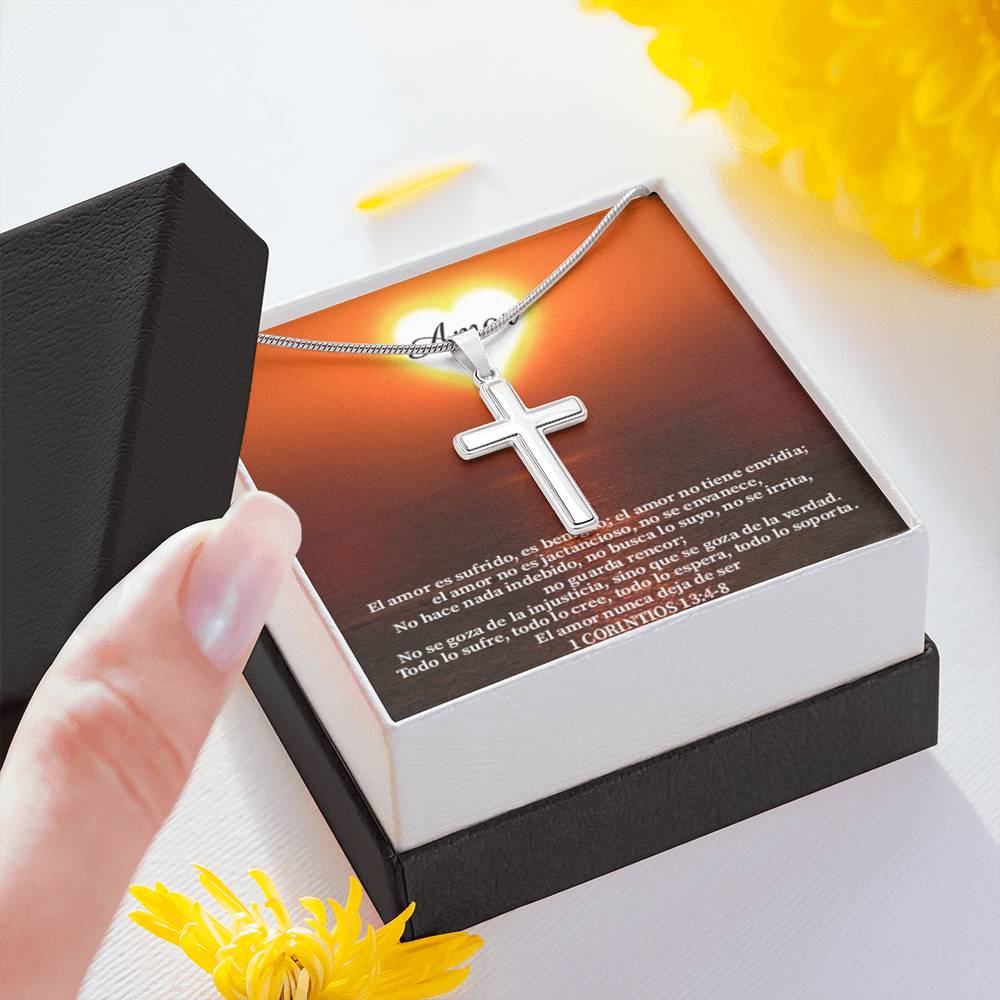 Scripture Card Christian Encouragement Spanish Message 1 Corintos 13:4-8 Cross Card Necklace w Stainless Steel Pendant Religious Gift-Express Your Love Gifts