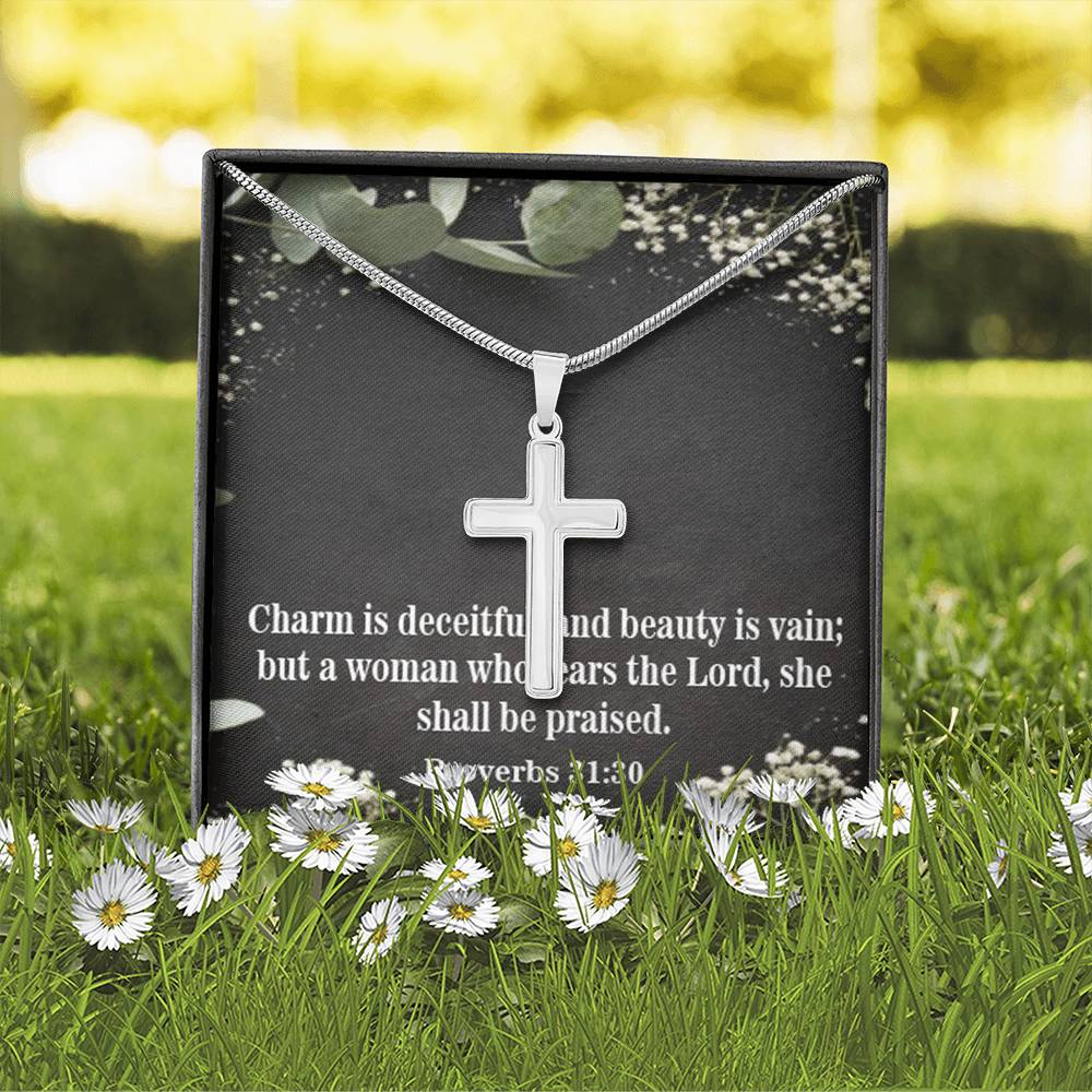 Scripture Card Fear The Lord Proverbs 31:30 Cross Card Necklace w Stainless Steel Pendant Religious Gift-Express Your Love Gifts