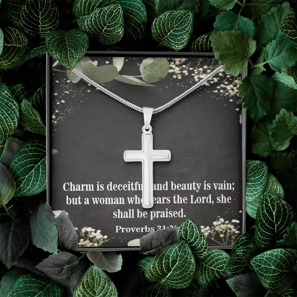 Scripture Card Fear The Lord Proverbs 31:30 Cross Card Necklace w Stainless Steel Pendant Religious Gift-Express Your Love Gifts