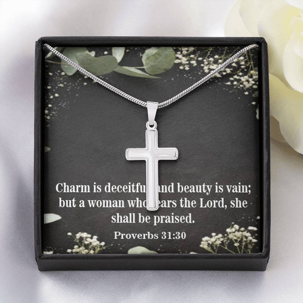 Scripture Card Fear The Lord Proverbs 31:30 Cross Card Necklace w Stainless Steel Pendant Religious Gift-Express Your Love Gifts
