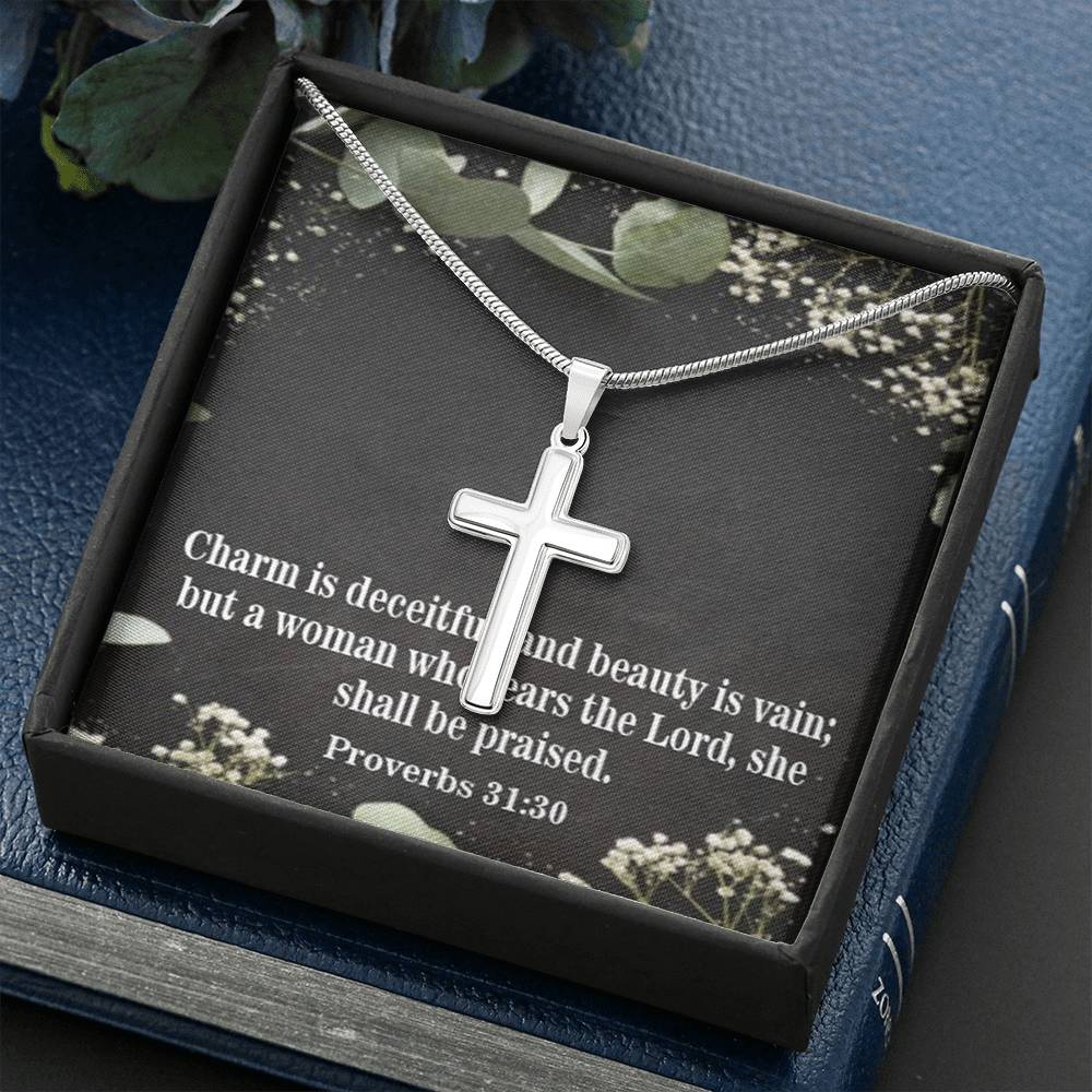 Scripture Card Fear The Lord Proverbs 31:30 Cross Card Necklace w Stainless Steel Pendant Religious Gift-Express Your Love Gifts