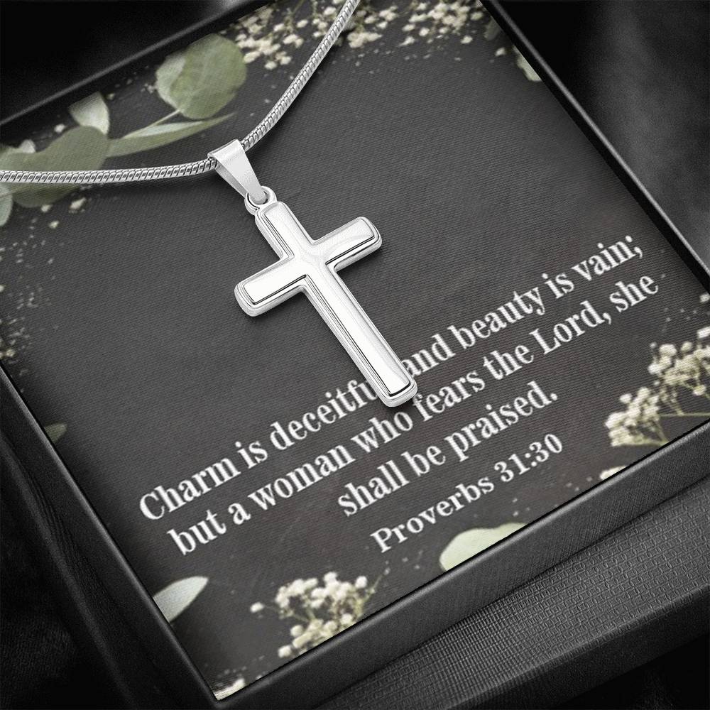 Scripture Card Fear The Lord Proverbs 31:30 Cross Card Necklace w Stainless Steel Pendant Religious Gift-Express Your Love Gifts