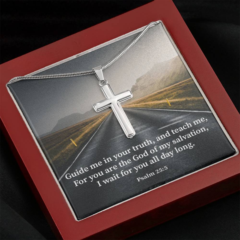 Scripture Card Guide Me Psalm 25:5 Cross Card Necklace w Stainless Steel Pendant Religious Gift-Express Your Love Gifts