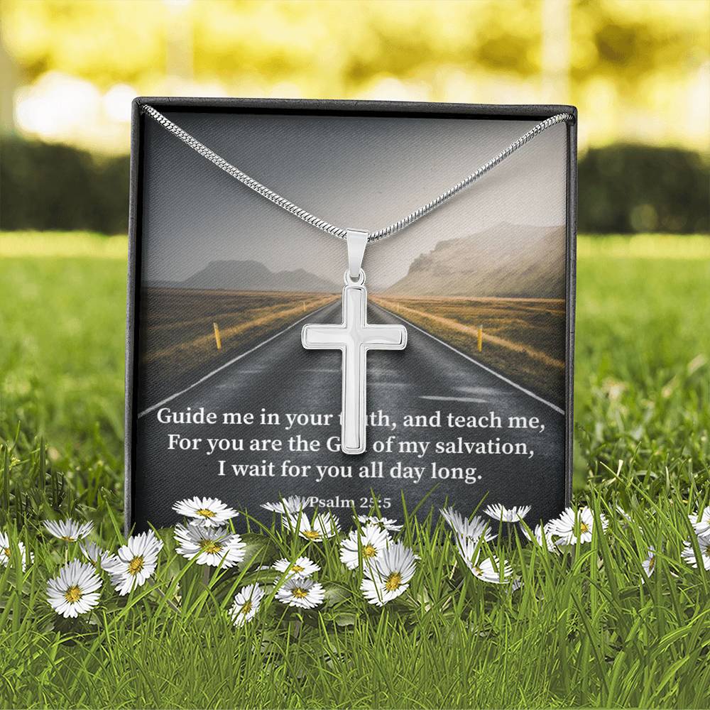 Scripture Card Guide Me Psalm 25:5 Cross Card Necklace w Stainless Steel Pendant Religious Gift-Express Your Love Gifts