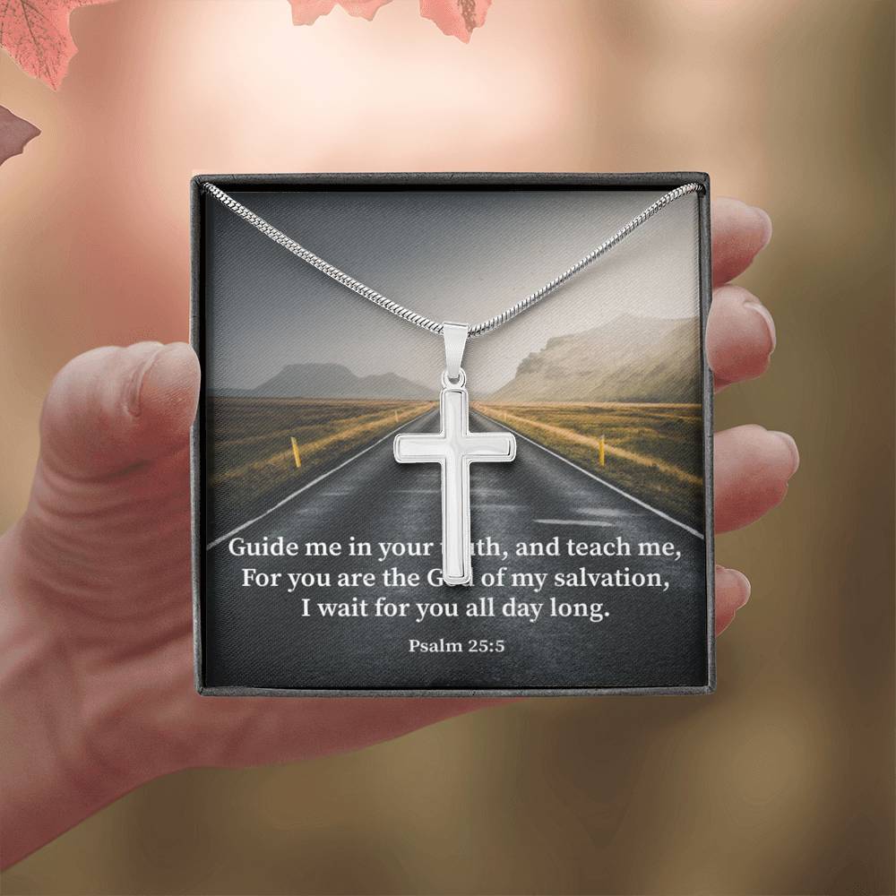 Scripture Card Guide Me Psalm 25:5 Cross Card Necklace w Stainless Steel Pendant Religious Gift-Express Your Love Gifts