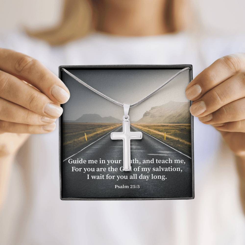 Scripture Card Guide Me Psalm 25:5 Cross Card Necklace w Stainless Steel Pendant Religious Gift-Express Your Love Gifts