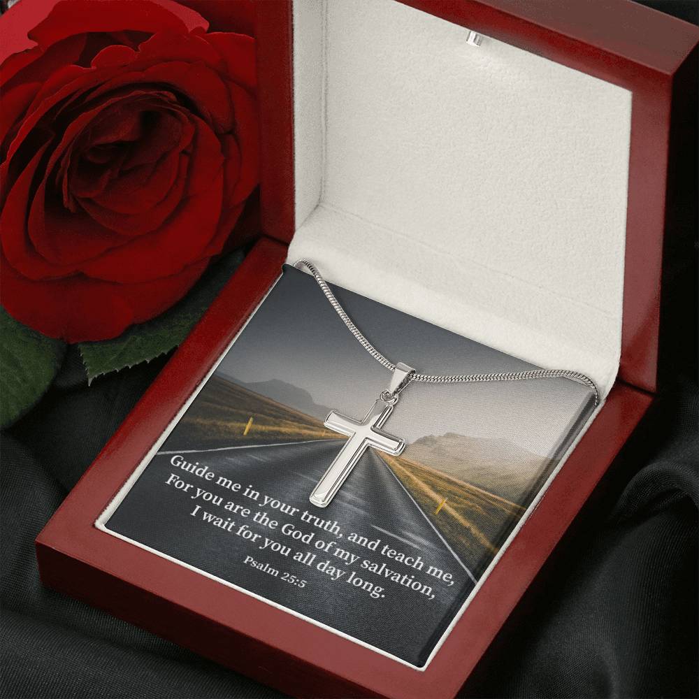 Scripture Card Guide Me Psalm 25:5 Cross Card Necklace w Stainless Steel Pendant Religious Gift-Express Your Love Gifts