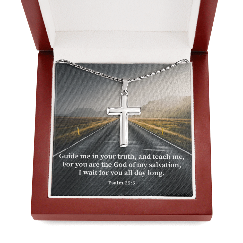 Scripture Card Guide Me Psalm 25:5 Cross Card Necklace w Stainless Steel Pendant Religious Gift-Express Your Love Gifts