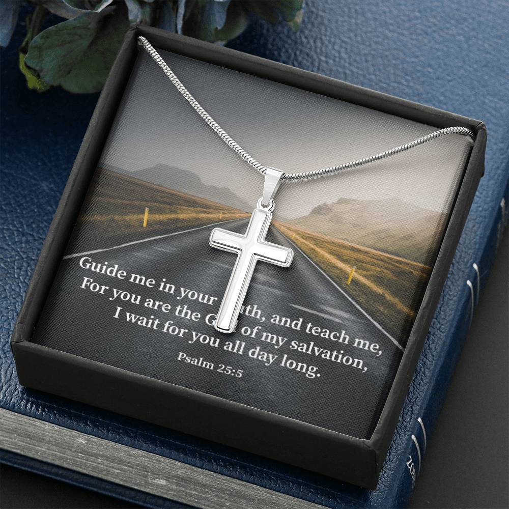 Scripture Card Guide Me Psalm 25:5 Cross Card Necklace w Stainless Steel Pendant Religious Gift-Express Your Love Gifts
