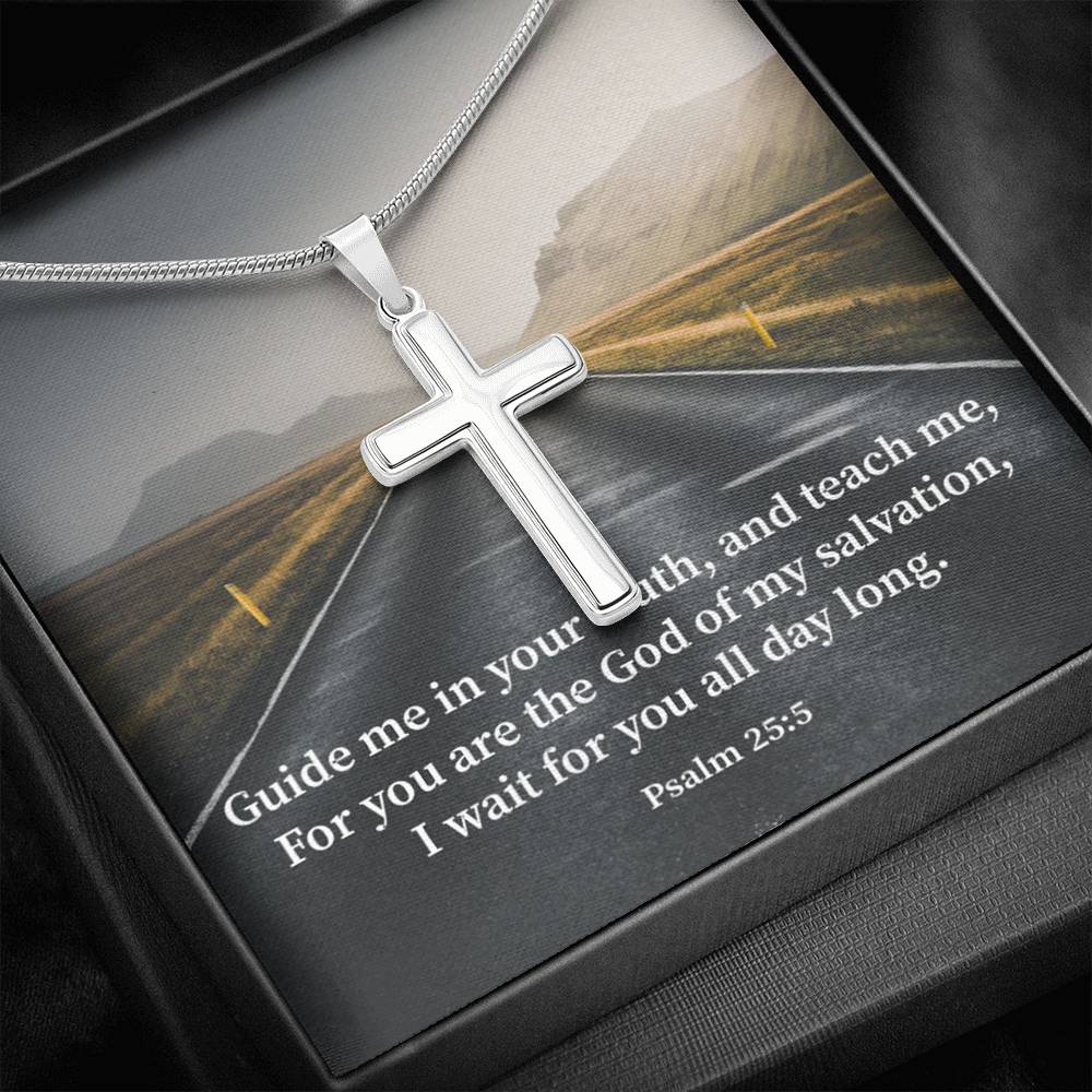 Scripture Card Guide Me Psalm 25:5 Cross Card Necklace w Stainless Steel Pendant Religious Gift-Express Your Love Gifts