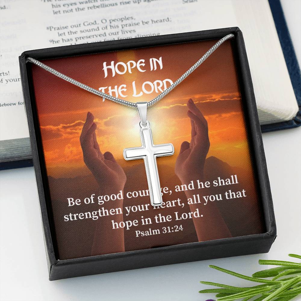 Scripture Card Hope In The Lord Psalm 31:24 Cross Card Necklace w Stainless Steel Pendant Religious Gift-Express Your Love Gifts