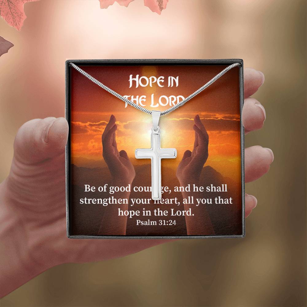 Scripture Card Hope In The Lord Psalm 31:24 Cross Card Necklace w Stainless Steel Pendant Religious Gift-Express Your Love Gifts
